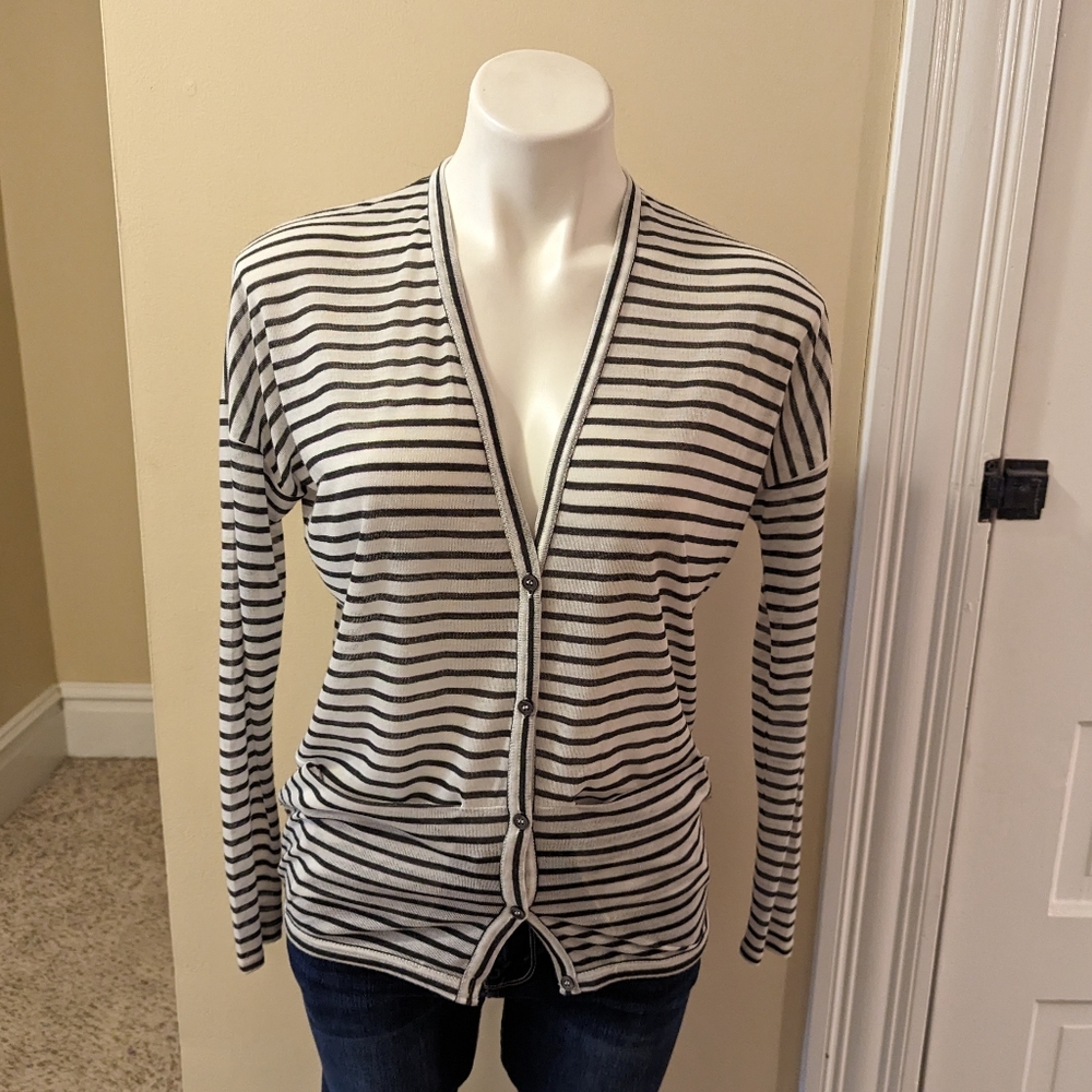Hi-Line white and black striped soft cardigan size XS